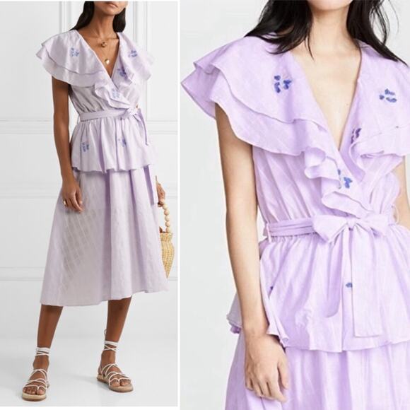 Innika Choo Lavender Pi Furlunche Wrap Ruffled Embroidered Linen Midi Dress - Picture 2 of 16